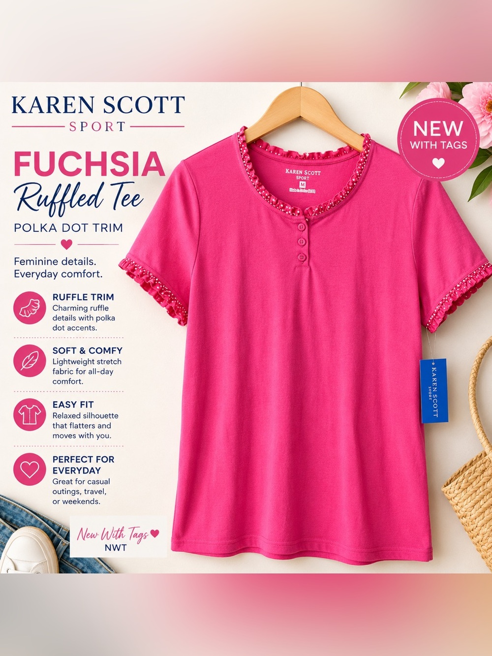 Karen Scott Fuchsia Ruffle Trim Tee Polka Dot Detail NWT